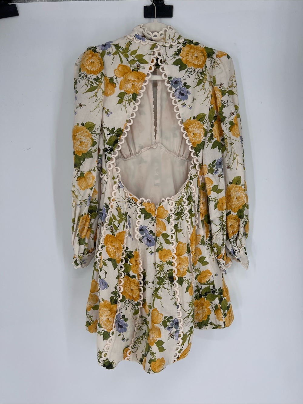 BHLDN Kali Yellow Floral Linen Blend Cut Out Fit & Flare Bee Formal Mini Dress 6 - Picture 5 of 11